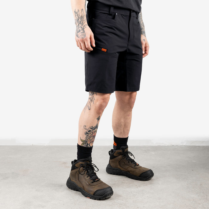 45 degree angle of front right side of BRUNT 11 inch lightweight breathable costello work shorts in black