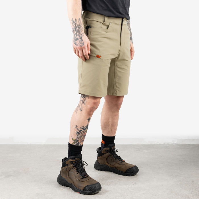 45 degree angle of front right side of BRUNT 11 inch lightweight breathable costello work shorts in khaki