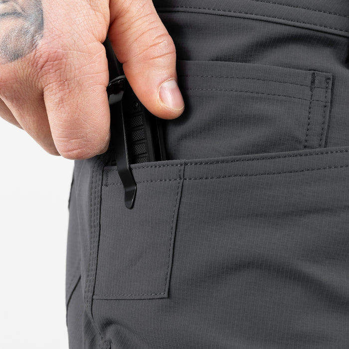 Front pocket reinforcement of BRUNT 9 inch lightweight breathable costello work shorts in charcoal