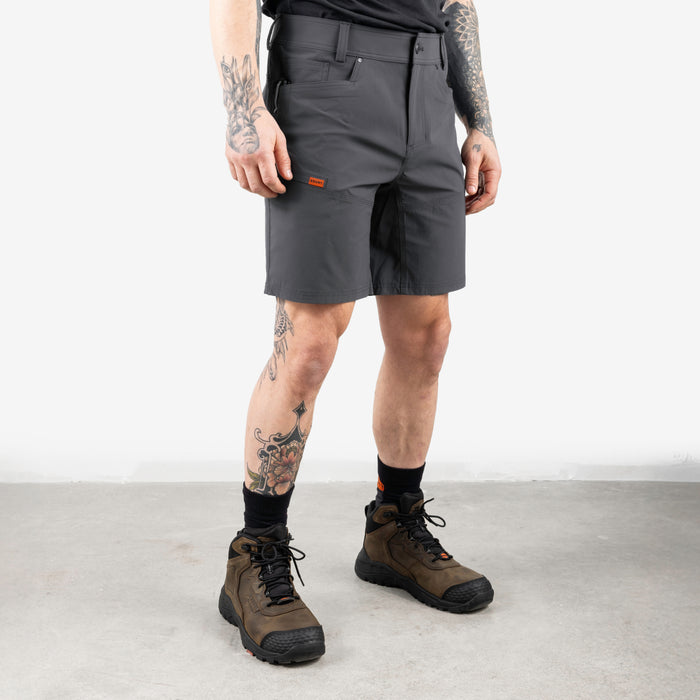 45 degree angle of front right side of BRUNT 9 inch lightweight breathable costello work shorts in charcoal