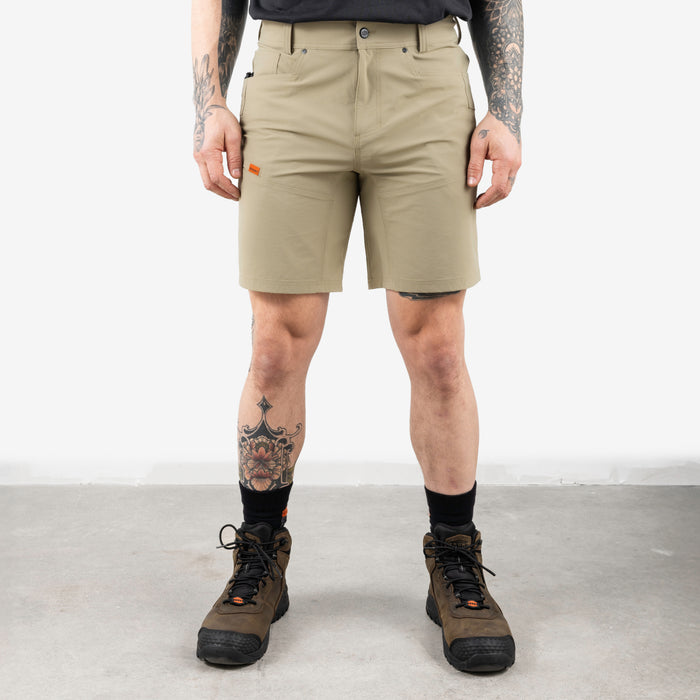 Front of the BRUNT 9 inch lightweight breathable costello work shorts in khaki