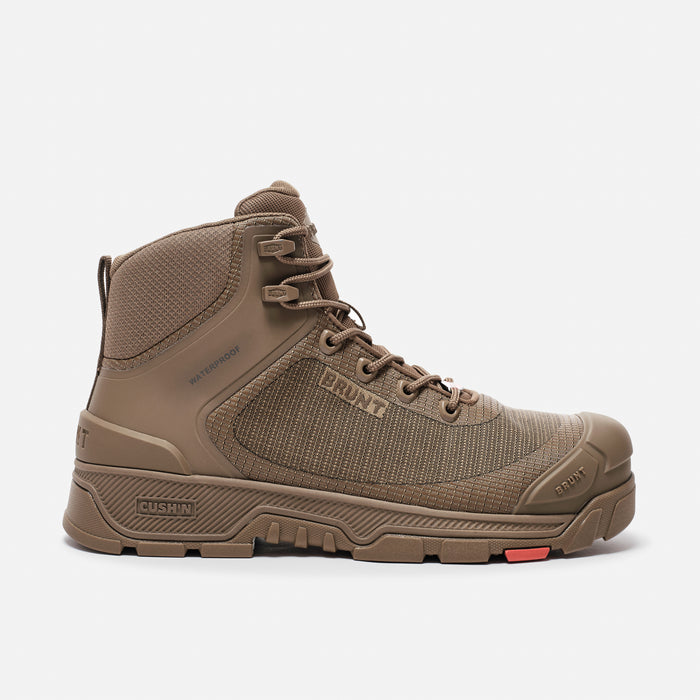 Right side of the BRUNT 6 inch lightweight 90 degree heel composite toe work boot in coyote