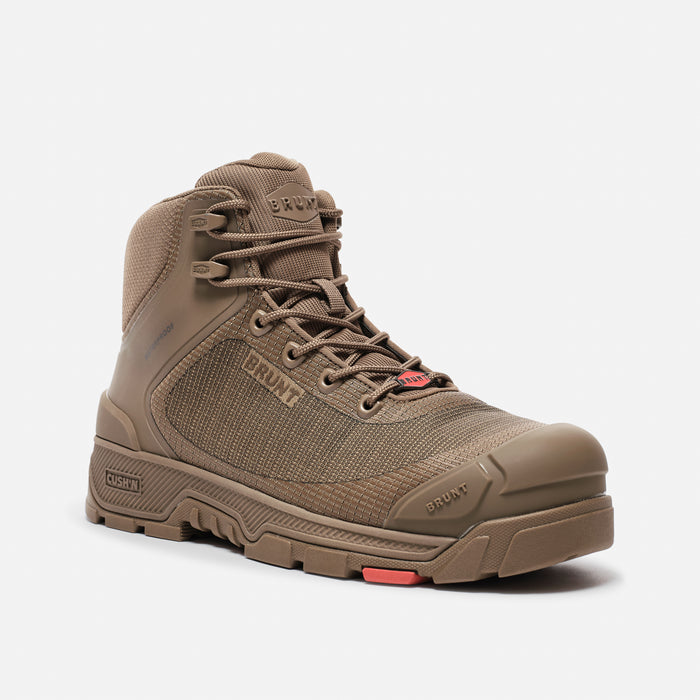 45 degree angle of the right BRUNT 6 inch lightweight 90 degree heel composite toe work boot in coyote