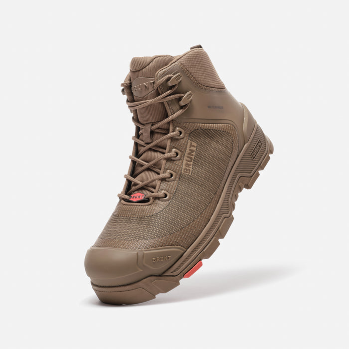 45 degree angle of the left BRUNT 6 inch lightweight 90 degree heel work boot in coyote
