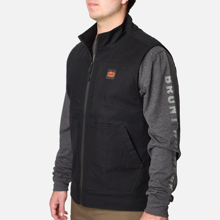 45 degree angle of the left BRUNT quilted stretch canvas work vest in black * 0