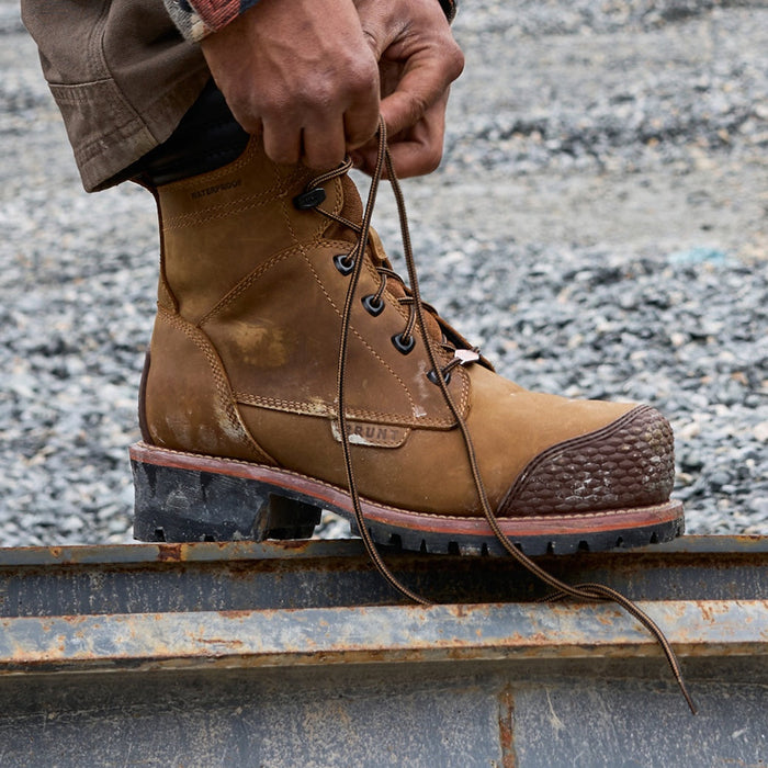 BRUNT 9 inch welted logger reinforced comp toe work boot in brown on the jobsite