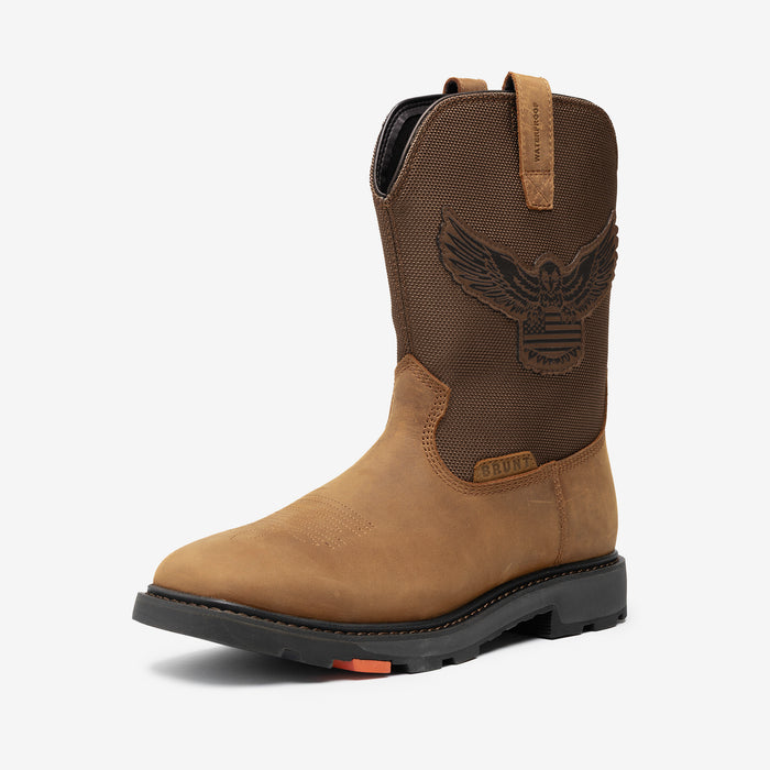 45 degree angle of the left limited edition BRUNT 10 inch waterproof composite square toe work boot in brown with eagle
