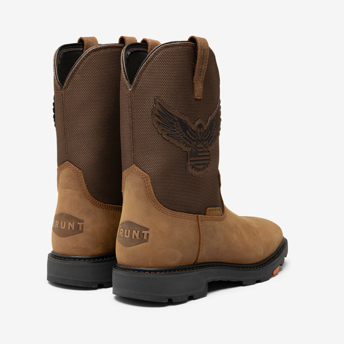 45 degree angle of the back limited edition BRUNT 10 inch waterproof composite square toe work boot in brown with eagle
