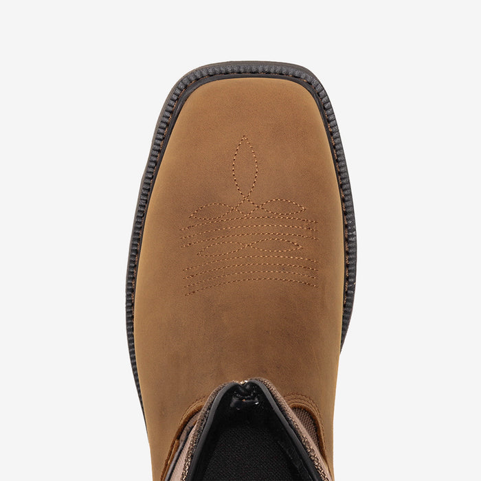 Above shot of the toe shape of the limited edition BRUNT 10 inch waterproof composite square toe work boot in brown with eagle