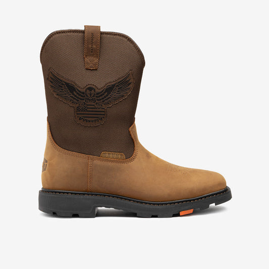 View 1 right side of the limited edition BRUNT 10 inch waterproof square toe work boot in brown with eagle