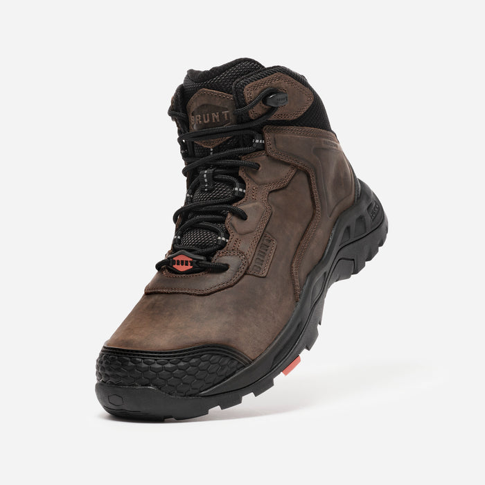 45 degree angle of the left side of the BRUNT 6 inch reinforced toe work boot in brown