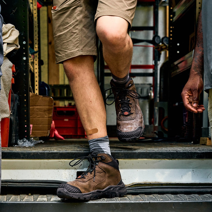 BRUNT 6 inch reinforced toe work boot in brown on the jobsite