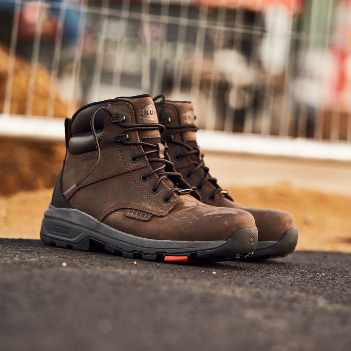 BRUNT 6 inch lightweight 90 degree heel comp toe work boot in dark brown on jobsite