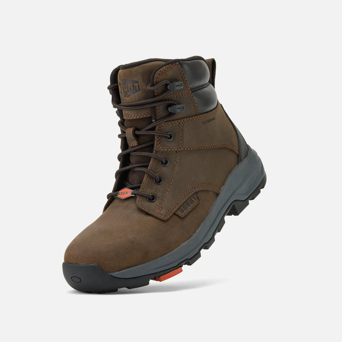 45 degree angle of the left of the BRUNT 6 inch lightweight 90 degree heel work boot in dark brown