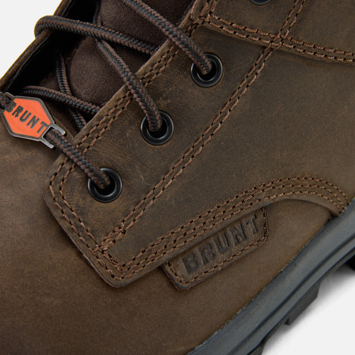 Close up details of the BRUNT 6 inch lightweight 90 degree heel work boot in dark brown
