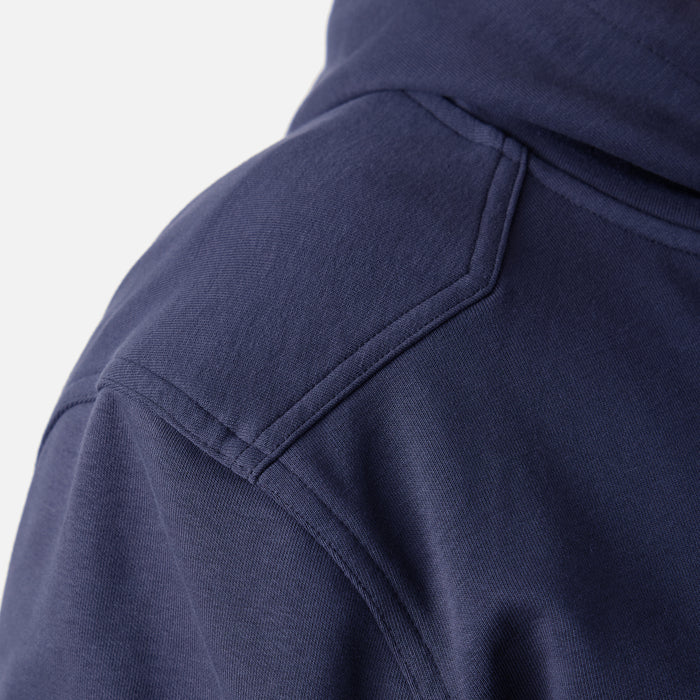 Close up of drop shoulder seams of BRUNT comfortable all-season levin work hoodie in navy * 0