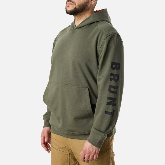 View 2 45 degree angle of left side of BRUNT comfortable all-season levin work hoodie in moss with BRUNT down sleeve * 1