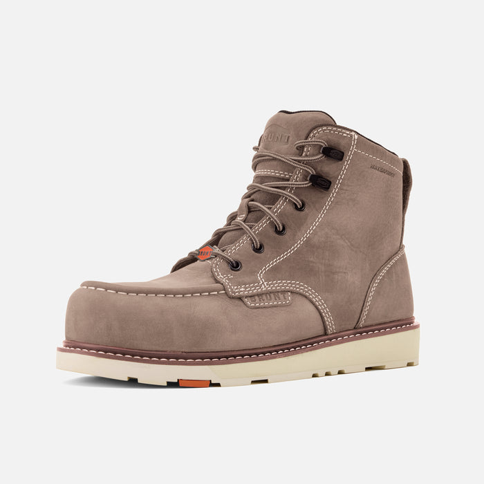 45 degree angle of the left BRUNT 6 inch waterproof composite toe marin work boot in light grey