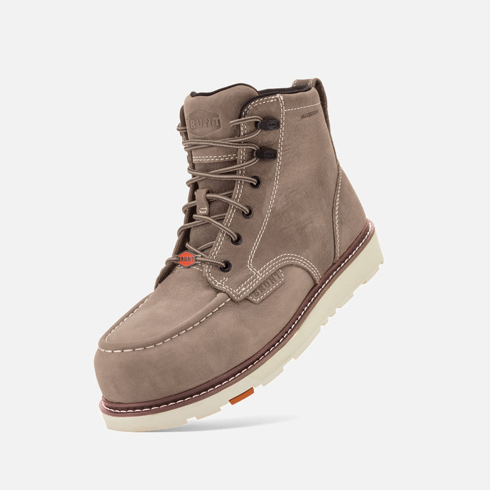 45 degree angle of the left BRUNT 6 inch waterproof moc toe marin work boot in light grey