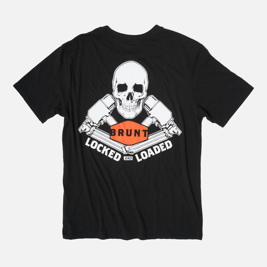 View 1 back of the BRUNT high quality t-shirt in black with locked and loaded graphic on back