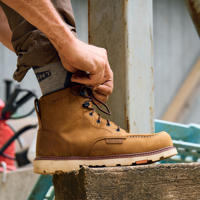 BRUNT 6 inch waterproof 90 degree composite toe marin work boot in brown on jobsite