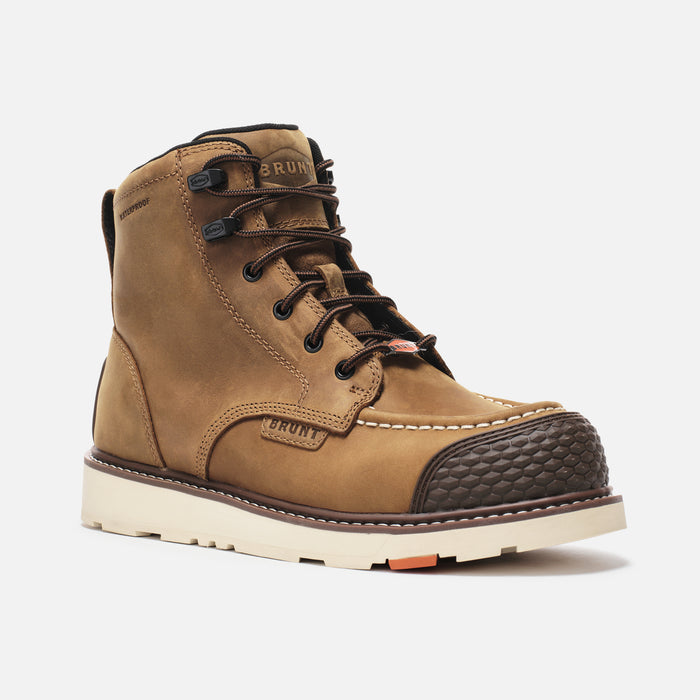 45 degree angle of the right BRUNT 6 inch waterproof reinforced composite toe marin work boot in brown