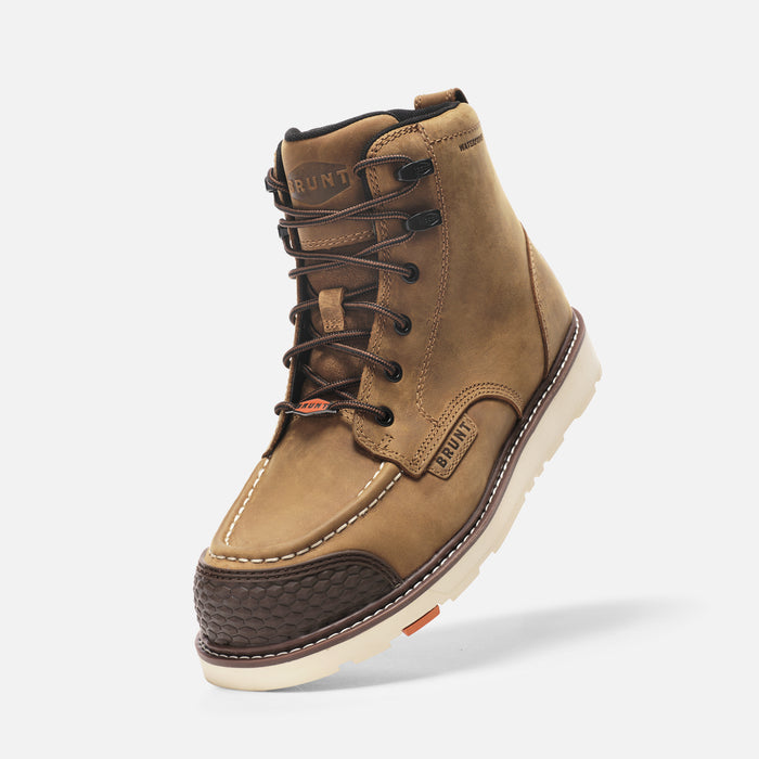 45 degree angle of the left BRUNT 6 inch waterproof reinforced marin work boot in brown