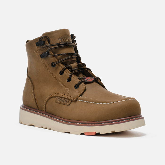View 2 45 degree angle of the right BRUNT 6 inch water-resistant unlined moc toe marin work boot in brown
