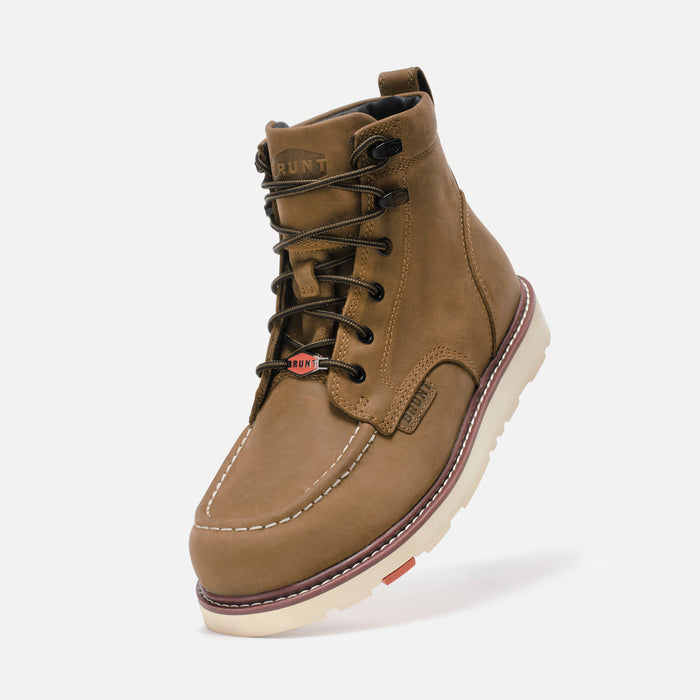 45 degree angle of the left BRUNT 6 inch water-resistant unlined moc toe marin work boot in brown