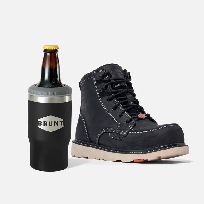 View 1 BRUNT 6 inch waterproof moc toe marin work boot in black with 4-in-1 BRUNT tumbler in black