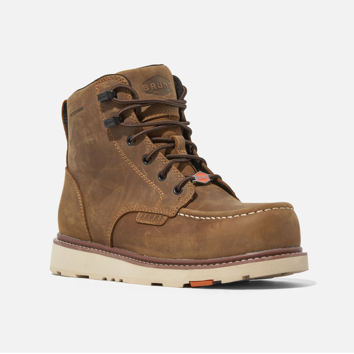 45 degree angle of the right BRUNT 6 inch waterproof composite toe marin work boot in brown