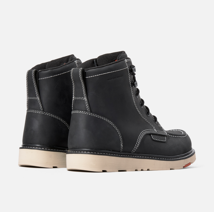 45 degree angle of the back BRUNT 6 inch waterproof moc toe marin work boot in black