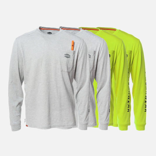 Four of the BRUNT high quality long sleeve pocket tee in light grey and safety yellow
