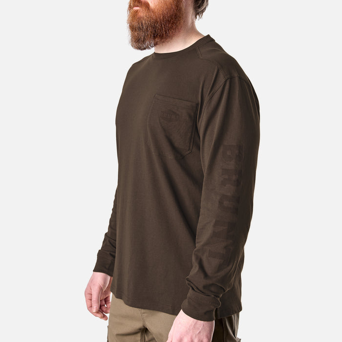 45 degree angle of the front left of the BRUNT high quality long sleeve pocket tee in brown