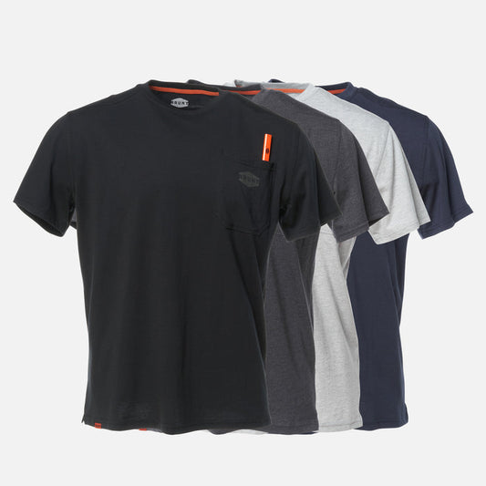 Front of the BRUNT high quality short sleeve pocket tee in black, dark grey, light grey and navy blue