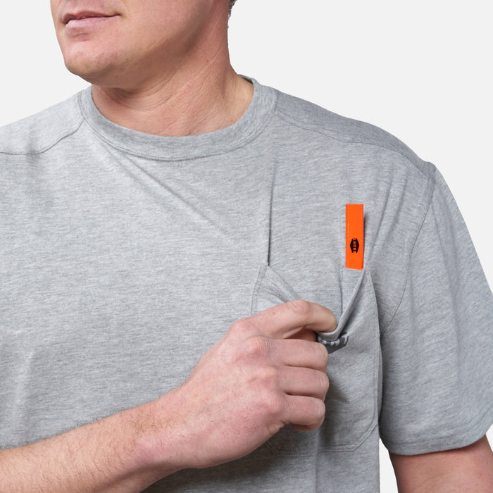 Front of chest pocket with pencil slot of the BRUNT high quality short sleeve pocket tee in light grey heather