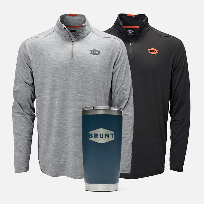 Two BRUNT lightweight quarter zip sun shirt with UPF protection in grey heather and black with 20oz BRUNT tumbler in navy