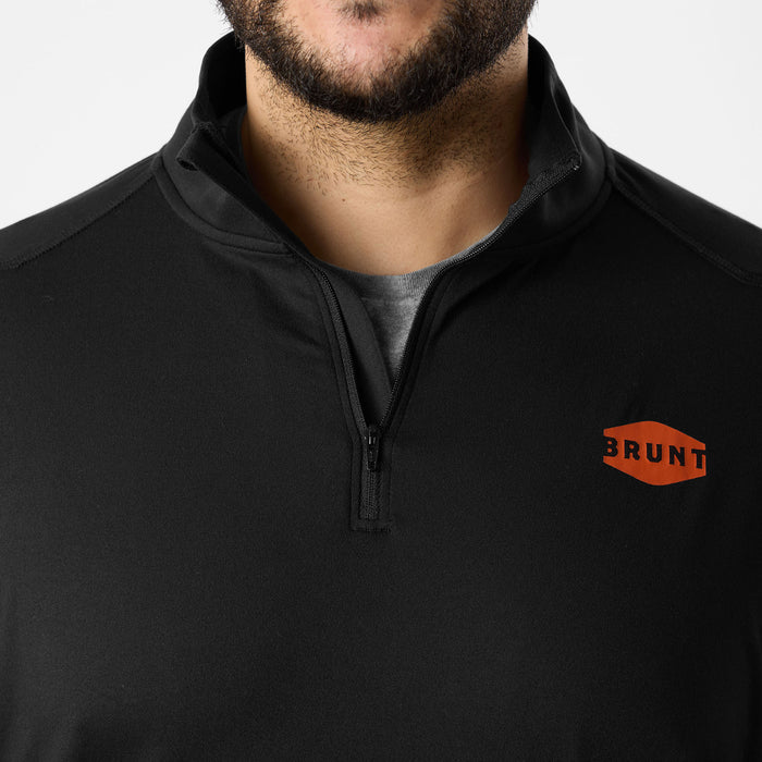 Close up of BRUNT lightweight quarter zip sun shirt with UPF protection in black