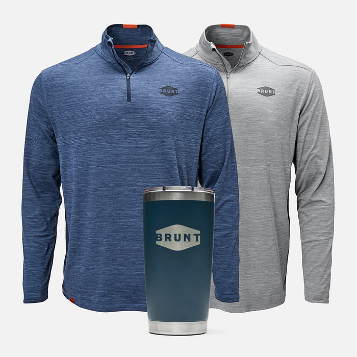 Two BRUNT lightweight quarter zip sun shirt with UPF protection in blue heather and grey heather with 20oz BRUNT tumbler in navy
