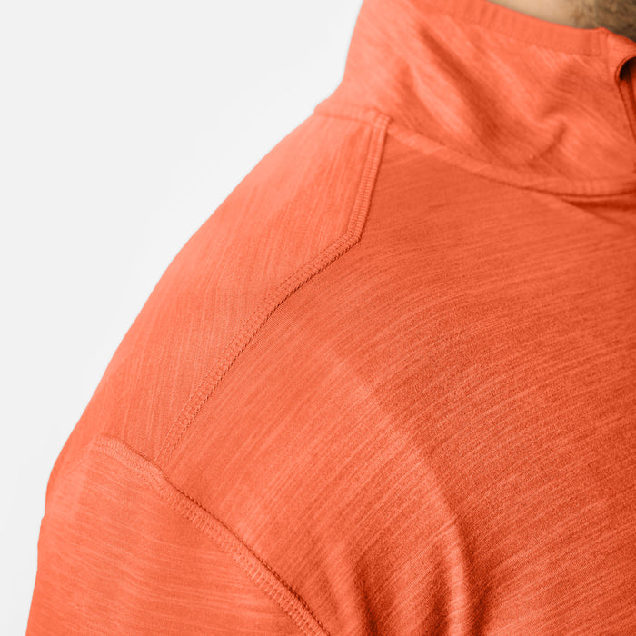 Close up of shoulder detailing of the BRUNT lightweight quarter zip sun shirt with UPF protection in BRUNT orange * 0