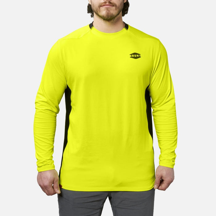View 1 front of the BRUNT lightweight mckenna long sleeve sun tee with UPF protection in hi vis yellow * 0