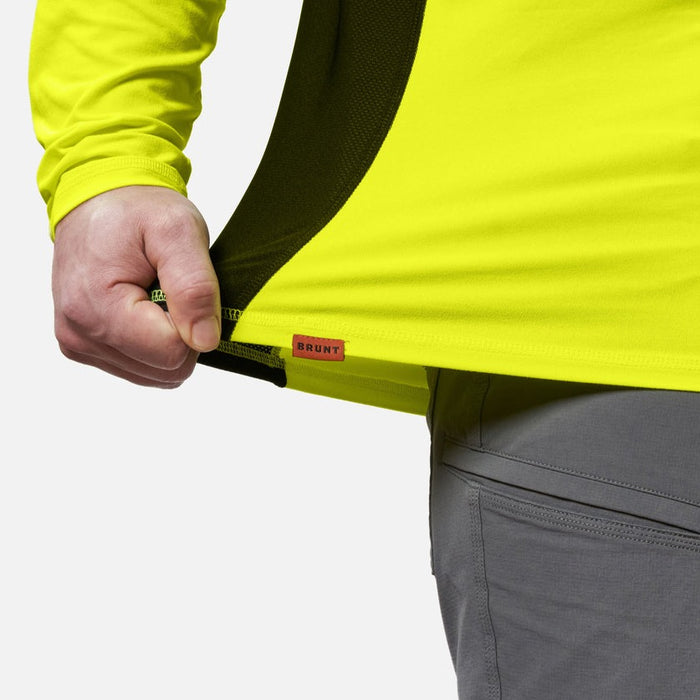 View 2 stretching hemline of the BRUNT lightweight mckenna long sleeve sun tee with UPF protection in hi vis yellow * 0