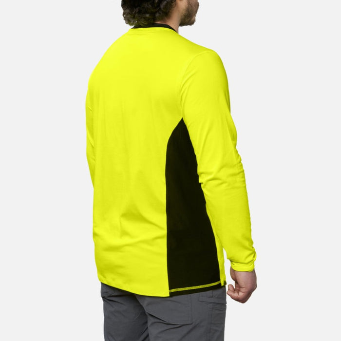 45 degree angle of the back right of the BRUNT lightweight mckenna long sleeve sun tee with UPF protection in hi vis yellow * 0