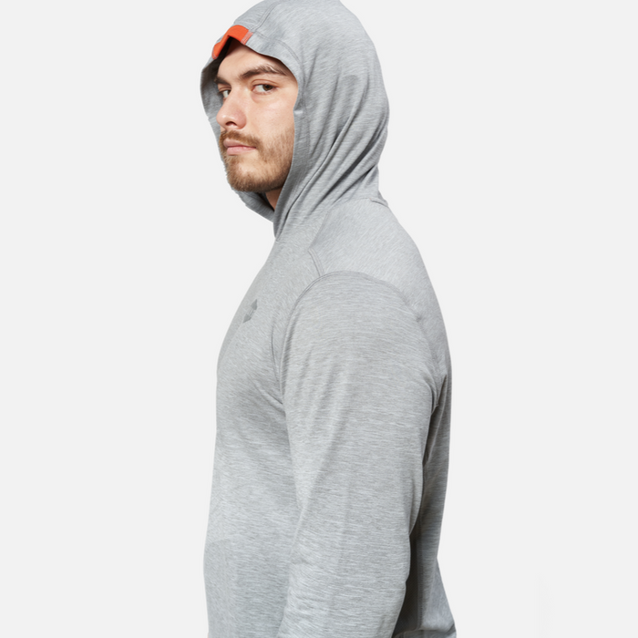 45 degree angle of the left side of the BRUNT lightweight mckenna sun hoodie with UPF protection in grey