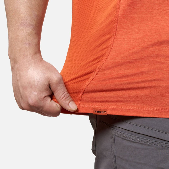 View 2 stretching hemline of the BRUNT lightweight mckenna sun tee with UPF protection in BRUNT orange * 0