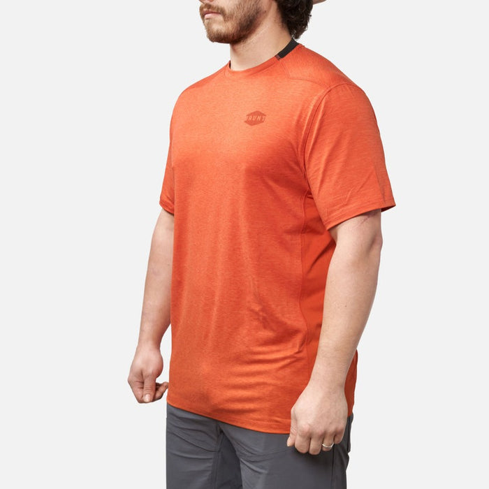 45 degree angle of the front left of the BRUNT lightweight mckenna sun tee with UPF protection in BRNUT orange * 0