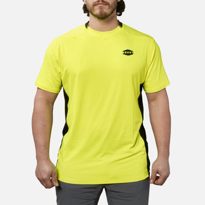 View 1 front of the BRUNT lightweight mckenna sun tee with UPF protection in hi vis yellow * 1