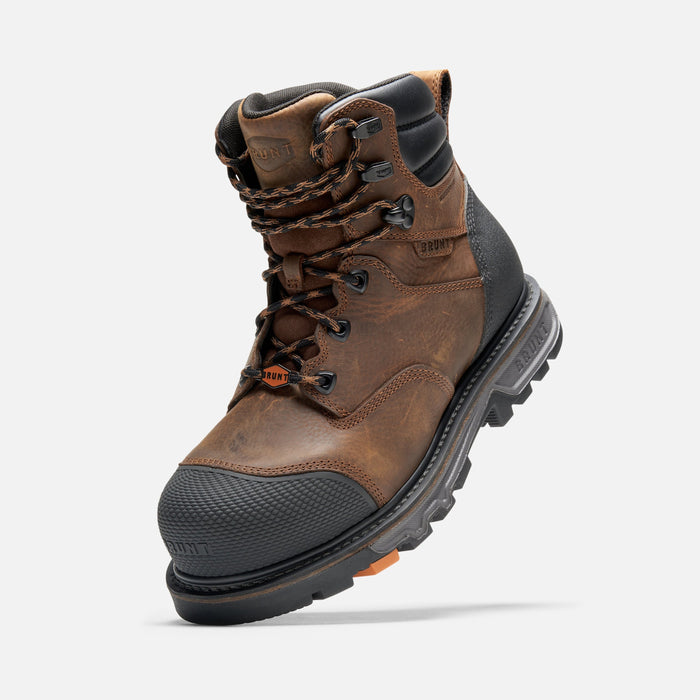 45 degree angle of the left BRUNT 6 inch waterproof welted composite toe mulder work boot with 90 degree defined heel in brown * 0