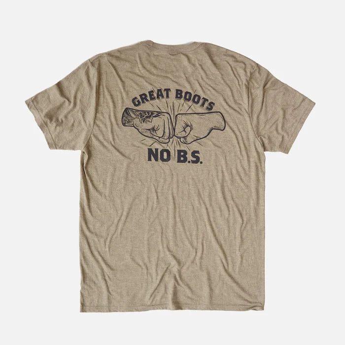View 1 back of the BRUNT high quality work shirt in light brown heather with no B.S. graphic on back * 1