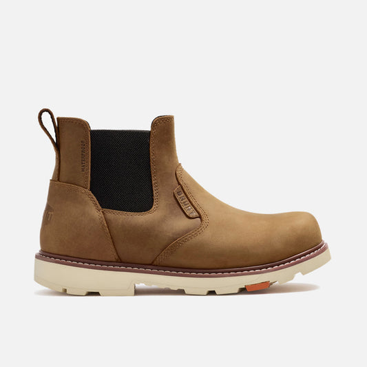 Right side of the BRUNT 6 inch 90 degree heel slip-on comp toe work boot in brown